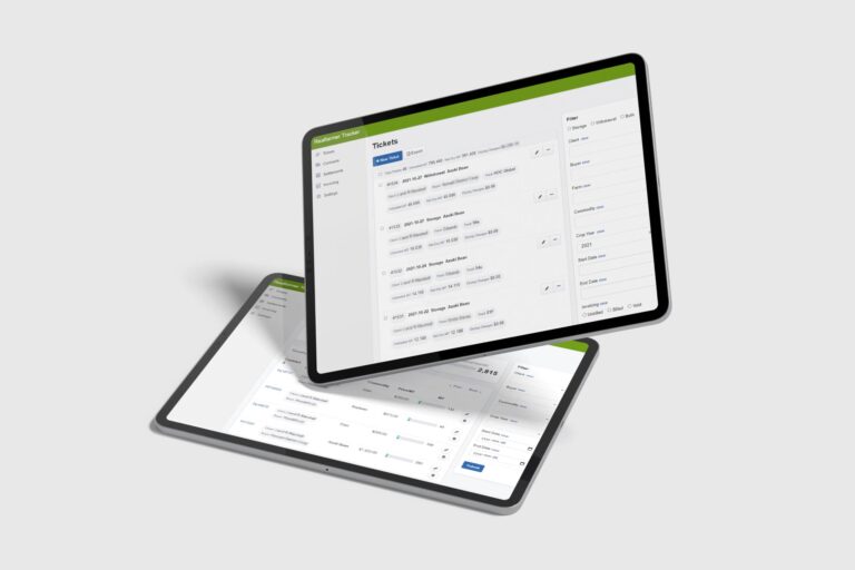 Tablet screen mockup of RealFarmer's custom cloud-based software ticketing system.