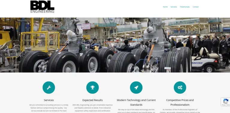 Screenshot of BDL Engineering's web design by Lunarstorm on a desktop.