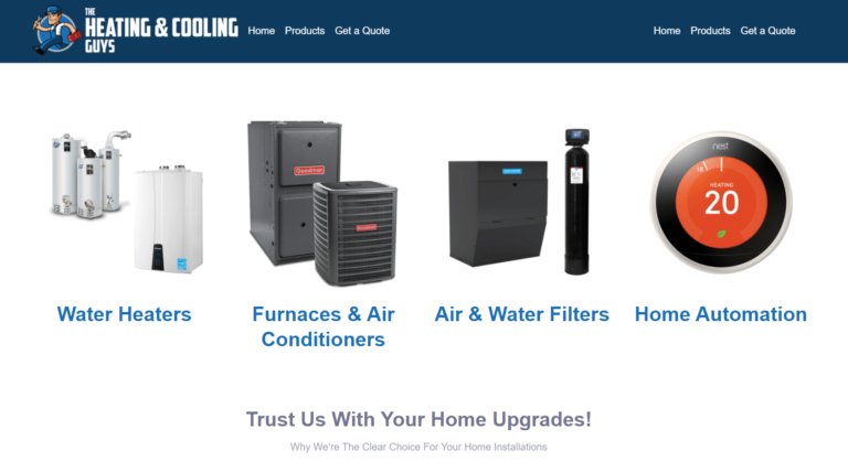 Web design page featuring heating and air conditioning products