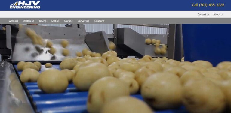 Screenshot of HJV Engineering's website home page showing a video of a potato processing machine.