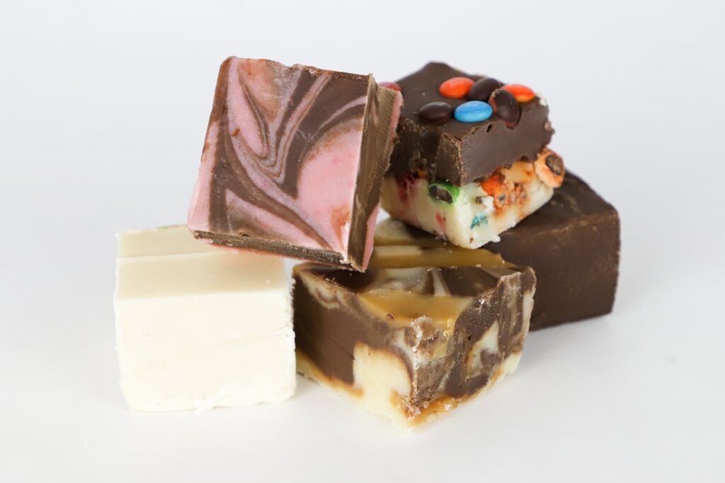 An assortment of fudge flavours on a white background.